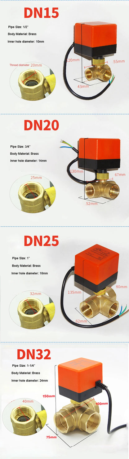 1/2" 3-Way Motorized Ball Valve DN15 Threee-Wire Two Point Control Brass Electric Ball Valve 220V 12V 24V