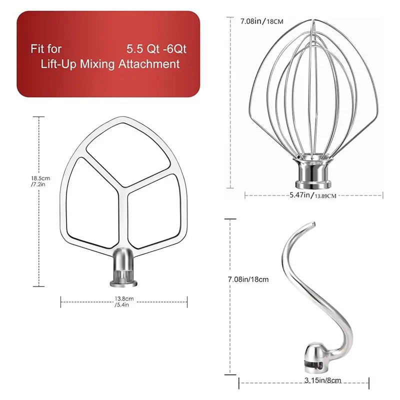 B64B-Stainless Steel 3‑Piece Attachments For Kitchenaid 5.5-6QT Mixer,Flat Beater,Dough Hook,6‑Wire Whip For Stand Mixers