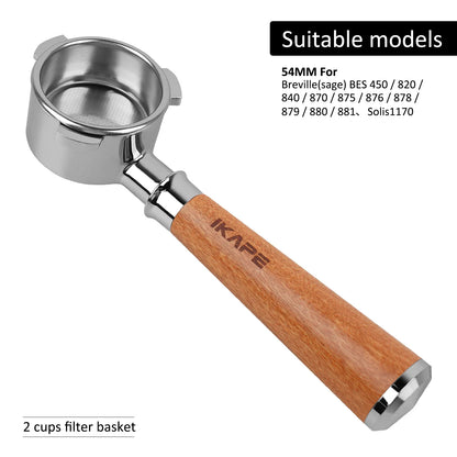 IKAPE Bottomless Portafilter for Delonghi/Barsetto/Berivlle/Lamarzocco/Welhome/Flair58/ECM/Lelit/wega Wooden Handle 51/54/58mm