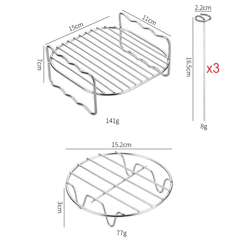 Square Air Fryer Rack 6/7/8inch Airfryer Accessories Grill Holder With Skewers Metal Oven Baking Holder Pot Steaming Wire Racks