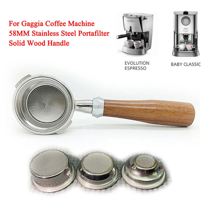 GAGGIA Bottomless Portafilter Filter 58mm Solid Wood Handle Stainless Steel With 9g 18g 22g Basket for Gaggia Coffee Machine