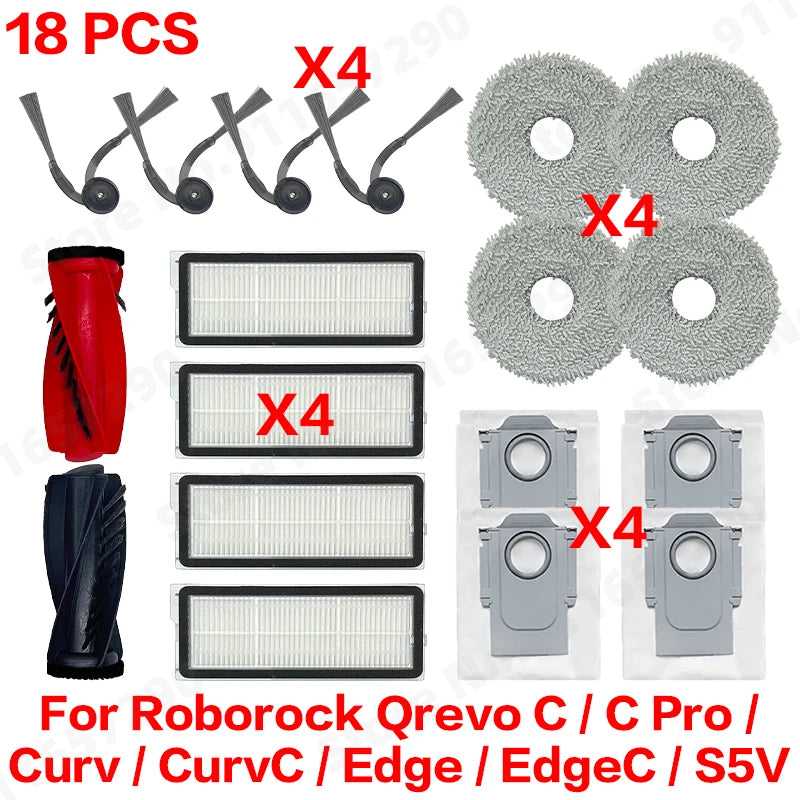 Compatible with Roborock Qrevo C/C Pro/Curv/CurvC/Edge/EdgeC/S5V Compatible Main Side Brush, Mop Cloth, Dust Bag & Filter Set