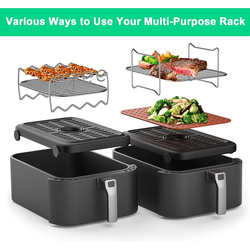 LMETJMA Air Fryer Rack for Double Basket Air Fryers Stainless Steel Multi-Layer Air Fryer Dehydrator Rack with Skewer JT187