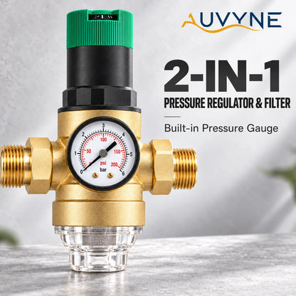 AUVYNE 2-in-1 Adjustable Brass Water Pressure Reducing Valve with Gauge and Sediment Filter for Home Plumbing