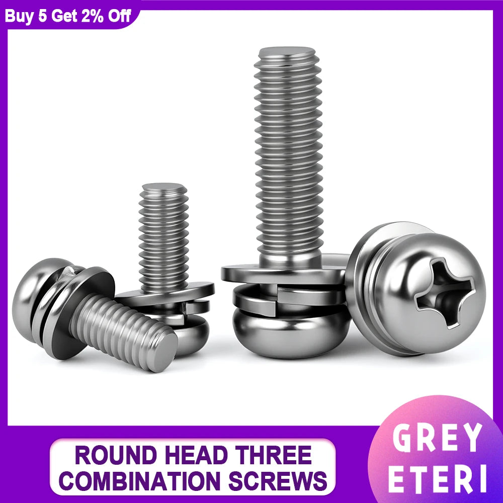 M2 M2.5 M3 M4 M5 M6M8 316 Stainless Steel Cross Round Head Three Combination Screws Optional Corrosion-Resistant Hardware Screws
