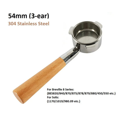 54mm 3-Ear Coffee Portafilter, 304 Stainless Steel Luxury Wooden Handle Espresso Holder Compatible with Breville 820 880 Series & Solis