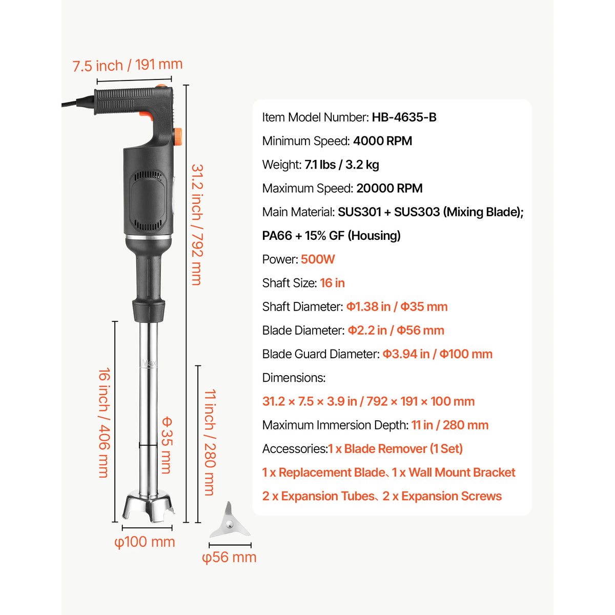 SucceBuy Commercial Immersion Blender for Restaurant Handheld Stick for Soups Sauces Variable Speed Stainless Steel 3-Blade Head