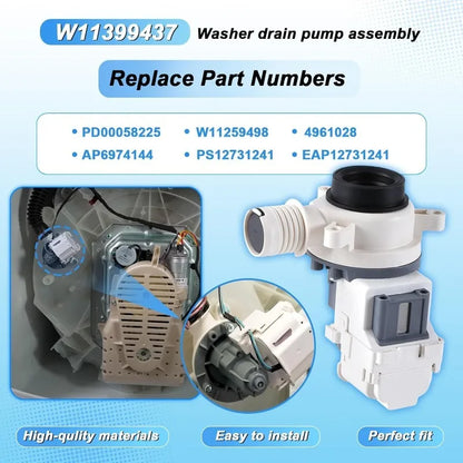 W11399437W11259498 Washing Machine Drain Pump B25-3A04 Replacement Part Compatible with Whirlpool Kenmore Maytag Crosley Washers