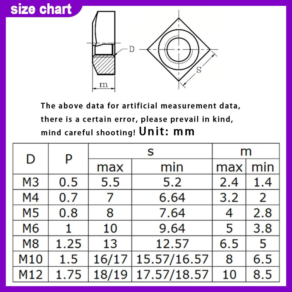 3-100pcs 304 Stainless Steel Metric Threaded Square Nut Foursquare Quadrate A2-70 M3M4 M5 M6 M8 M10 M12 Square Nuts