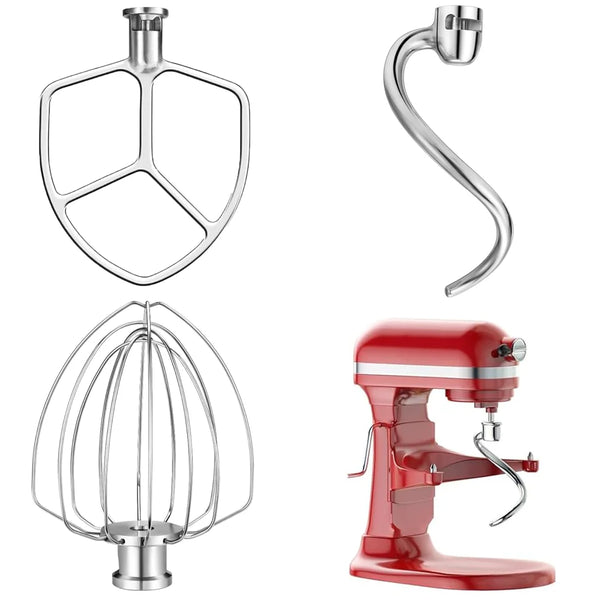 Stainless Steel 3-Piece Mixer Attachments Set, Dough Hook + 6-Wire Whisk + Flat Beater, Fit Kitchen Aid 5-6QT Bowl-Lift Mixers
