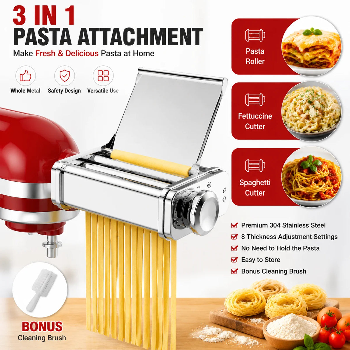Stainless Steel 3in1 Pasta Attachment for KitchenAid Mixer with Roller Spaghetti Fettuccine Cutters for Noodles