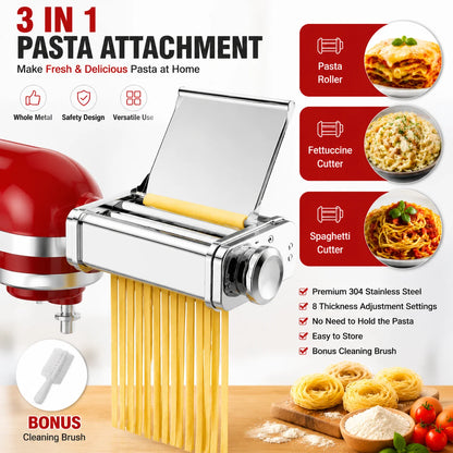 Stainless Steel 3in1 Pasta Attachment for KitchenAid Mixer with Roller Spaghetti Fettuccine Cutters for Noodles