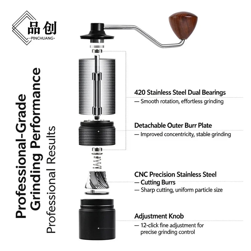 Pin ChuangAdjustable hand-cranked coffee grinder, CNC5-star steel core portable manual coffee grinder