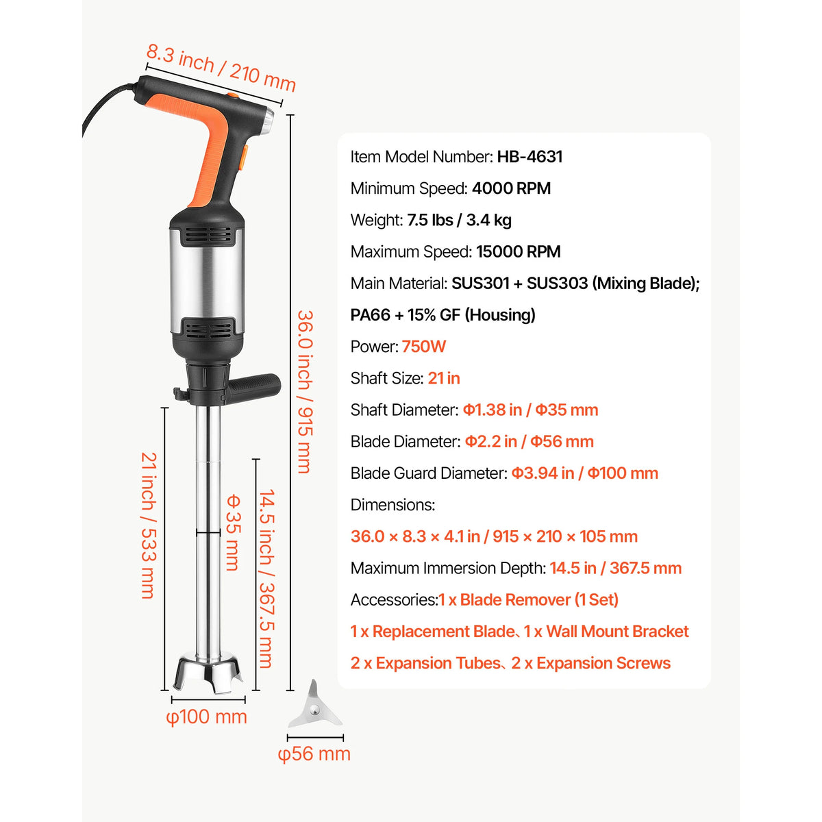 SucceBuy Commercial Immersion Blender for Restaurant Handheld Stick for Soups Sauces Variable Speed Stainless Steel 3-Blade Head