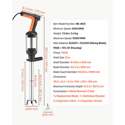 SucceBuy Commercial Immersion Blender for Restaurant Handheld Stick for Soups Sauces Variable Speed Stainless Steel 3-Blade Head