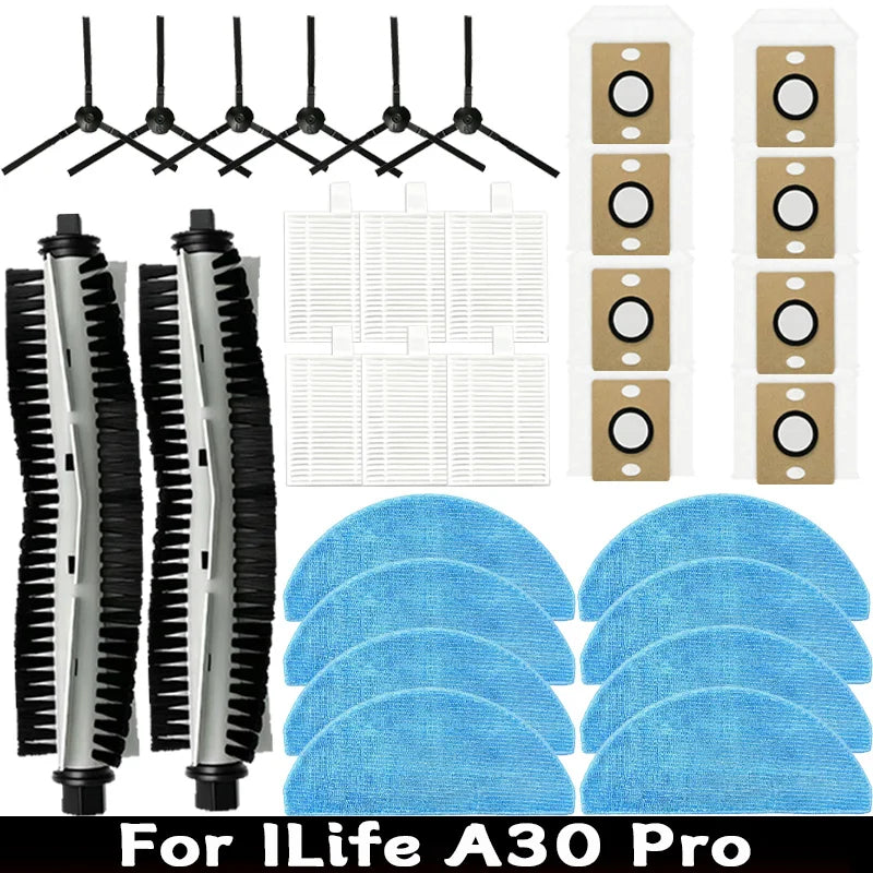 For ILife A30 Pro Robot Vacuum Cleaner Accessories Main Roller Side Brush Hepa Filter Mop Cloth Dust Bag Parts Replacement