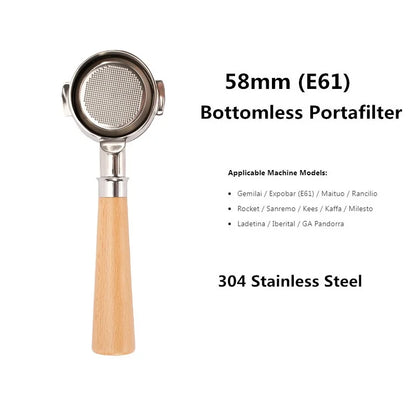 58mm Bottomless Coffee Portafilter for Expobar E61 Rocket Coffee Machine with Double Spout 304 Stainless Steel Filter Basket