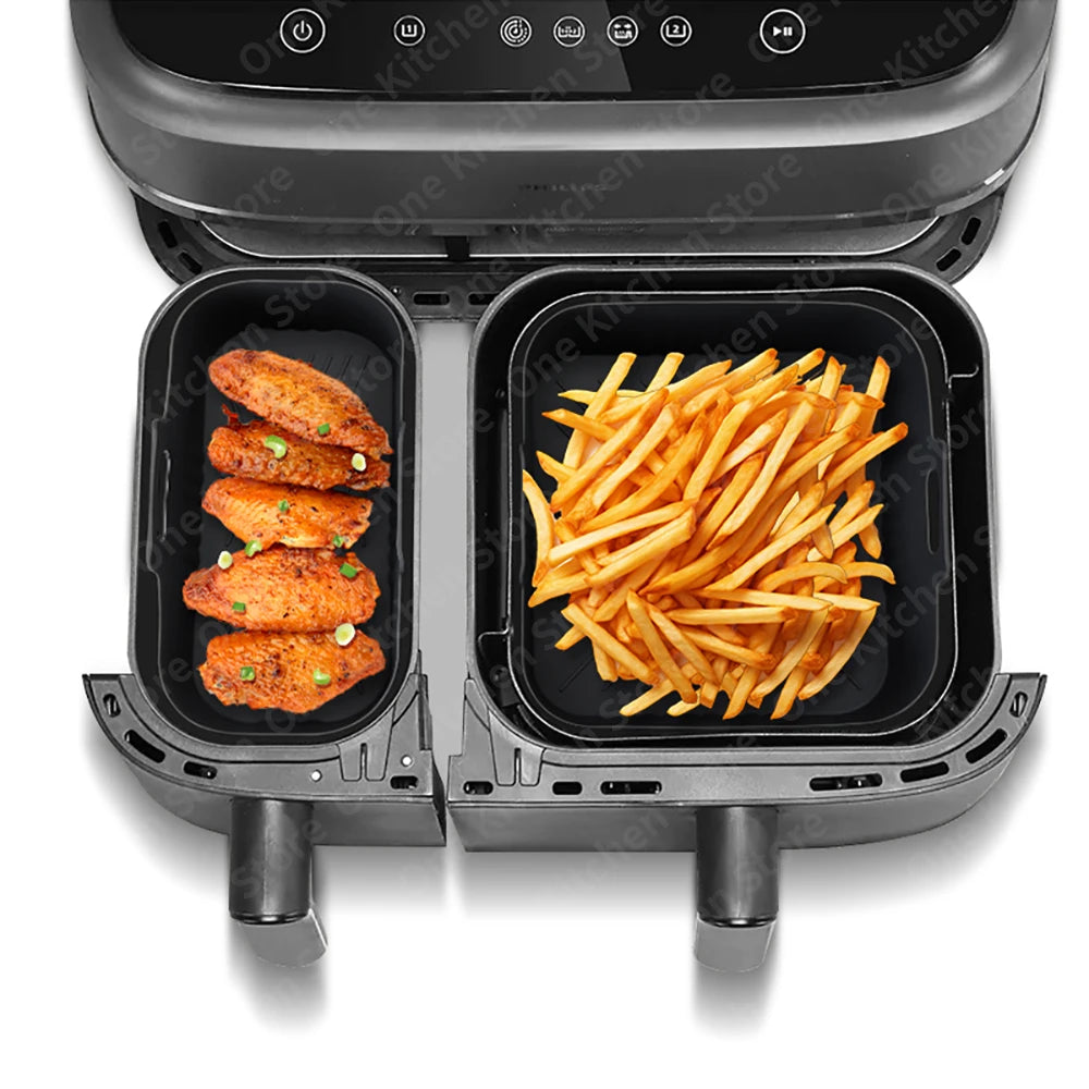 Silicone Air Fryer Mould for Philips Airfryer Dual Basket 3000 Series 9L NA350/00, 2 Pieces 6L+3L Silicone Flat Accessories