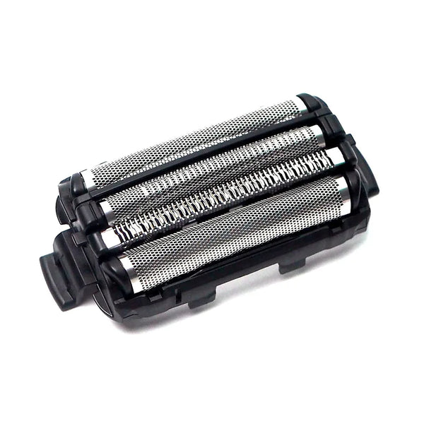 Angled view of a black-framed shaver foil cassette with two curved outer foils