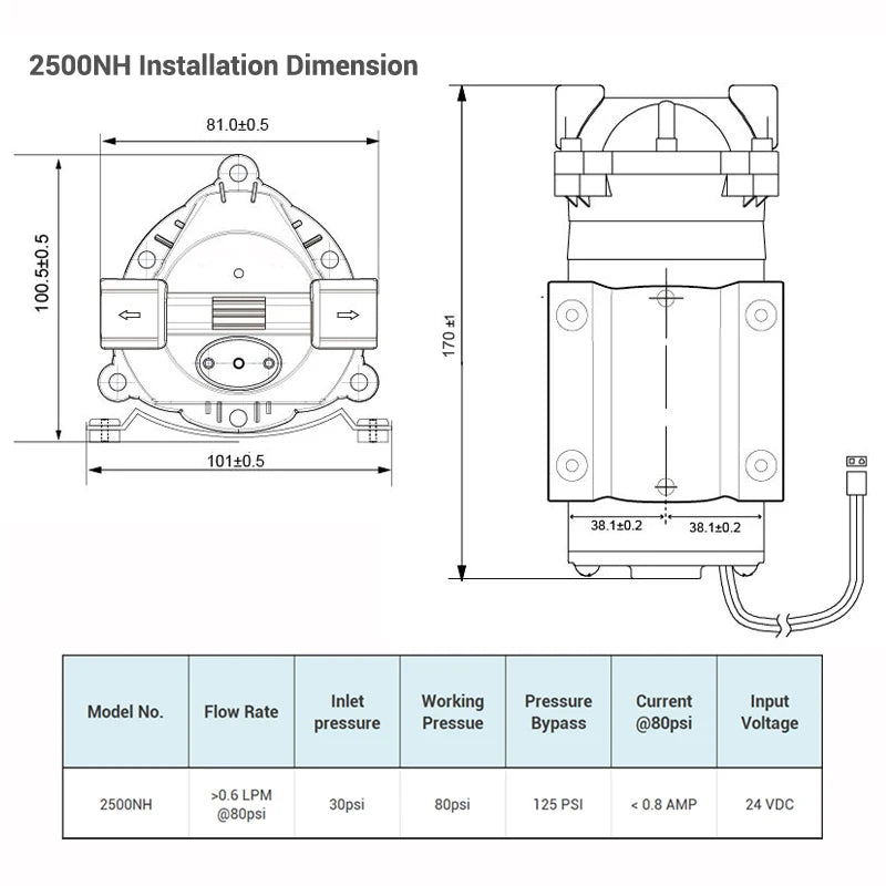 Coronwater RO 24V 50gpd Water Booster Pump 2500NH Increase Reverse Osmosis Water System Pressure
