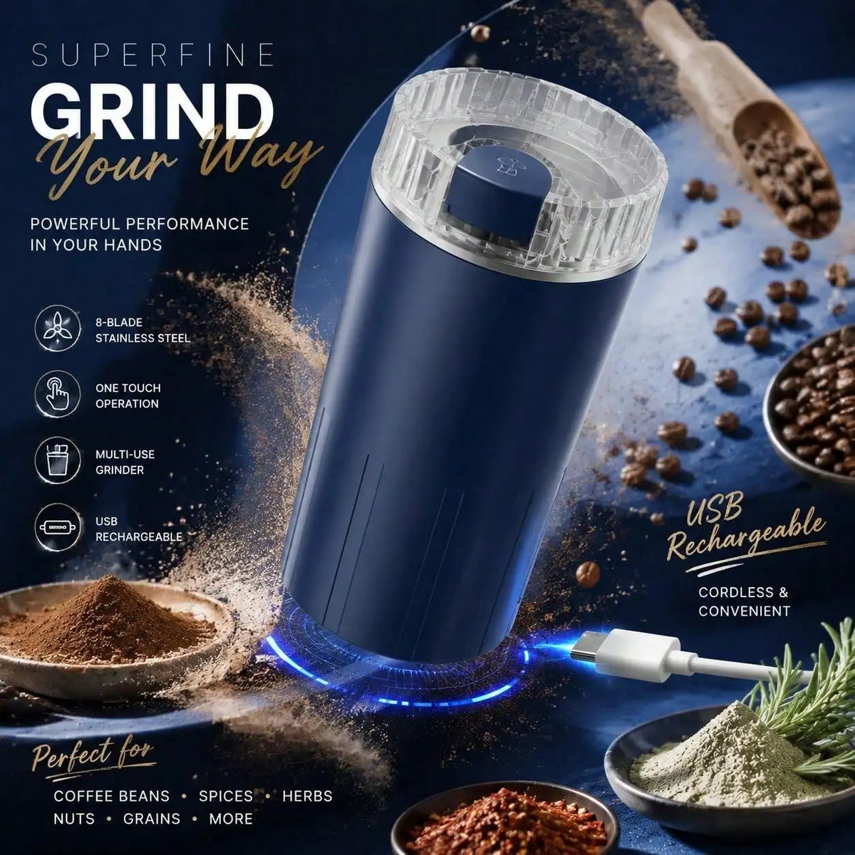 Rechargeable Electric Grinder, Portable Superfine Powder Grinding Machine With Stainless Steel Blades, One Touch Multi-Grain Grinder For Coffee Beans, Herbs, Nuts, Seeds, Pepper And Spices