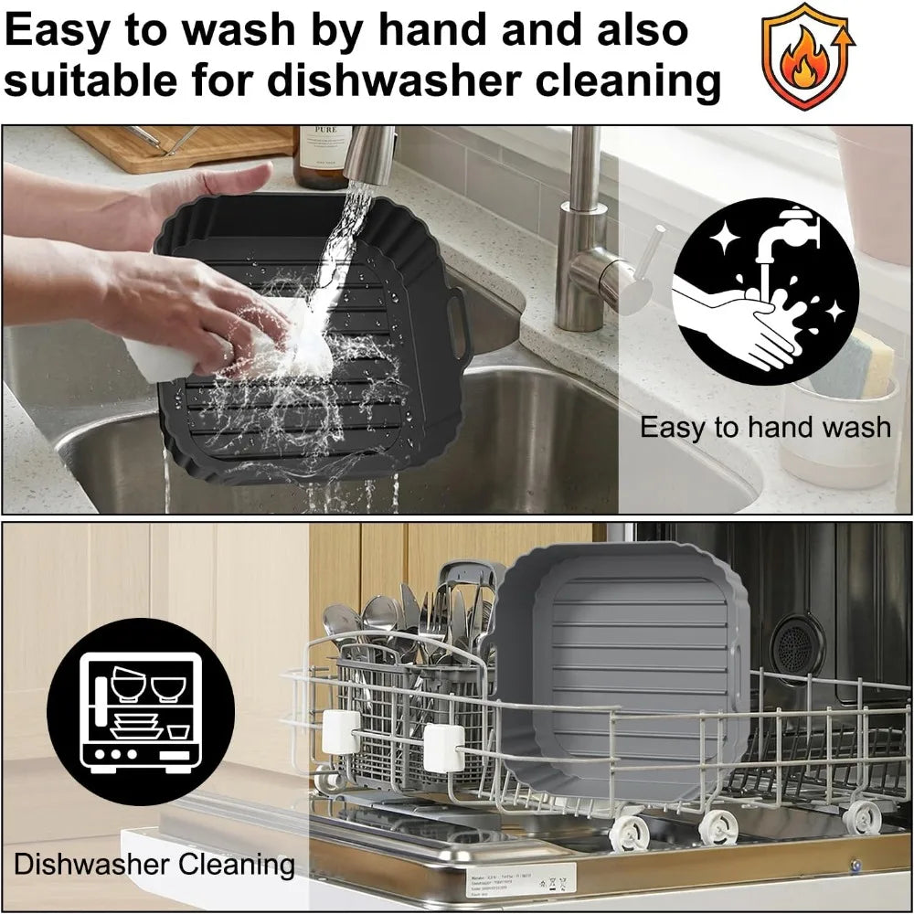 Square Air Fryer Silicone Pot Liner Food‑Grade Reusable Non‑Stick Silicone Basket with Handles for Air Fryer Baking Accessories