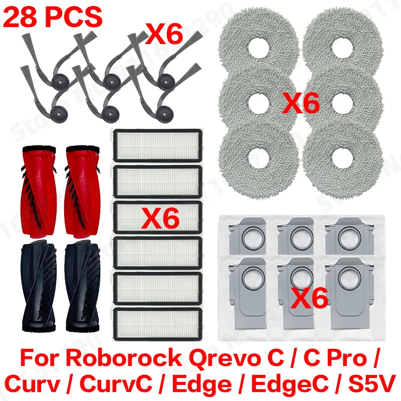 Compatible with Roborock Qrevo C/C Pro/Curv/CurvC/Edge/EdgeC/S5V Compatible Main Side Brush, Mop Cloth, Dust Bag & Filter Set