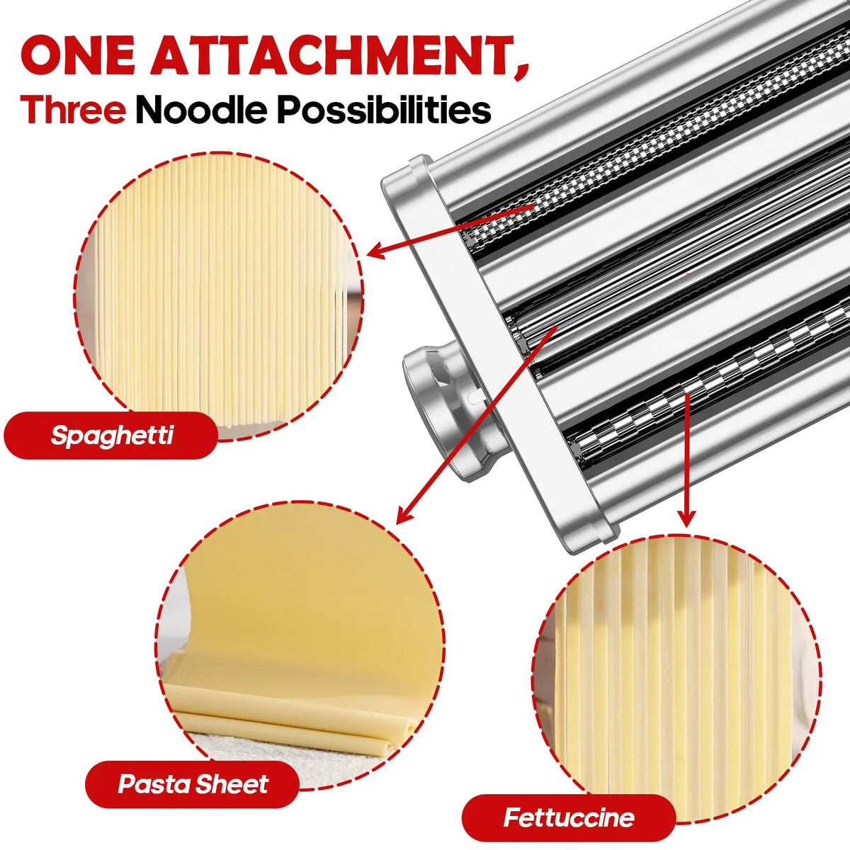 Stainless Steel 3in1 Pasta Attachment for KitchenAid Mixer with Roller Spaghetti Fettuccine Cutters for Noodles