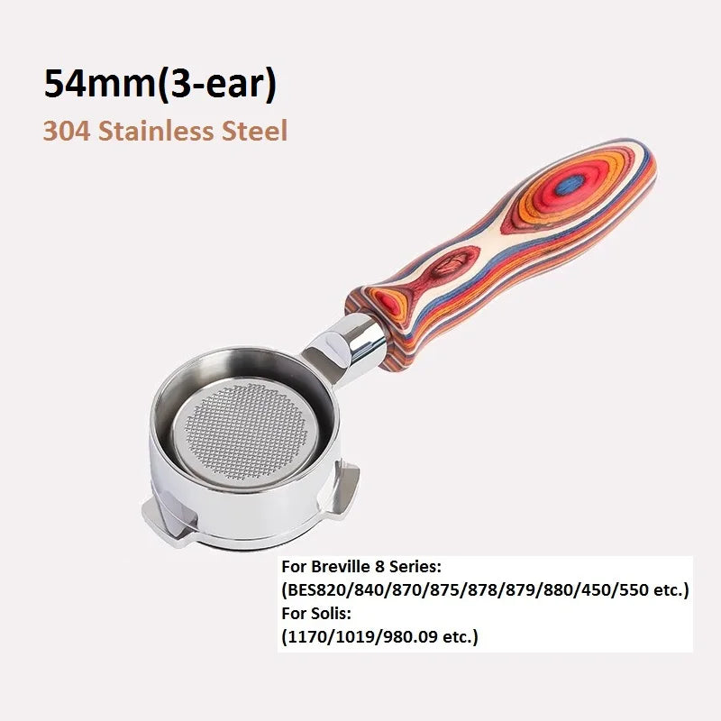 54mm 3-Ear Coffee Portafilter, 304 Stainless Steel Luxury Wooden Handle Espresso Holder Compatible with Breville 820 880 Series & Solis