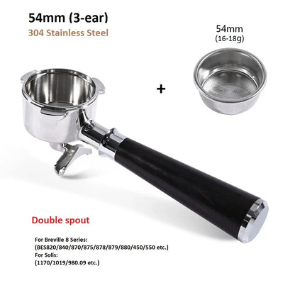 54mm 3-Ear Coffee Portafilter, 304 Stainless Steel Luxury Wooden Handle Espresso Holder Compatible with Breville 820 880 Series & Solis