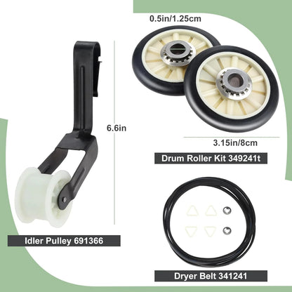 4pcs/kit 4392065 Dryer Repair Belt 341241 Idler Pulley 691366 Drum Roller Compatible with Whirlpool/Kenmore Replace 4392065RC/279860