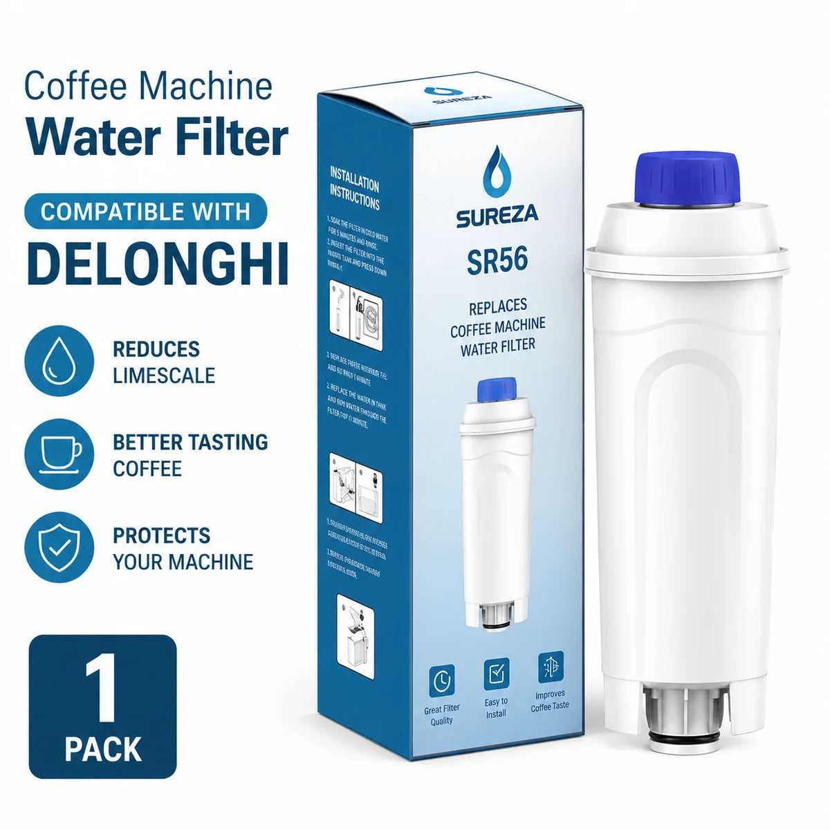 Coffee Machine Water Filter for DeLonghi - Fits EC800, ECAM, ETAM, ESAM, BCO400 Series, Replaces DLSC002, SER3017, 551329811, Ac