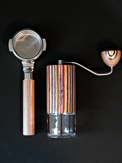 Mischief 58mm Bottomless Portafilter | Rainbow Skateboard Wood Handle | 316 Stainless Steel | Espresso Coffee Machine Accessory