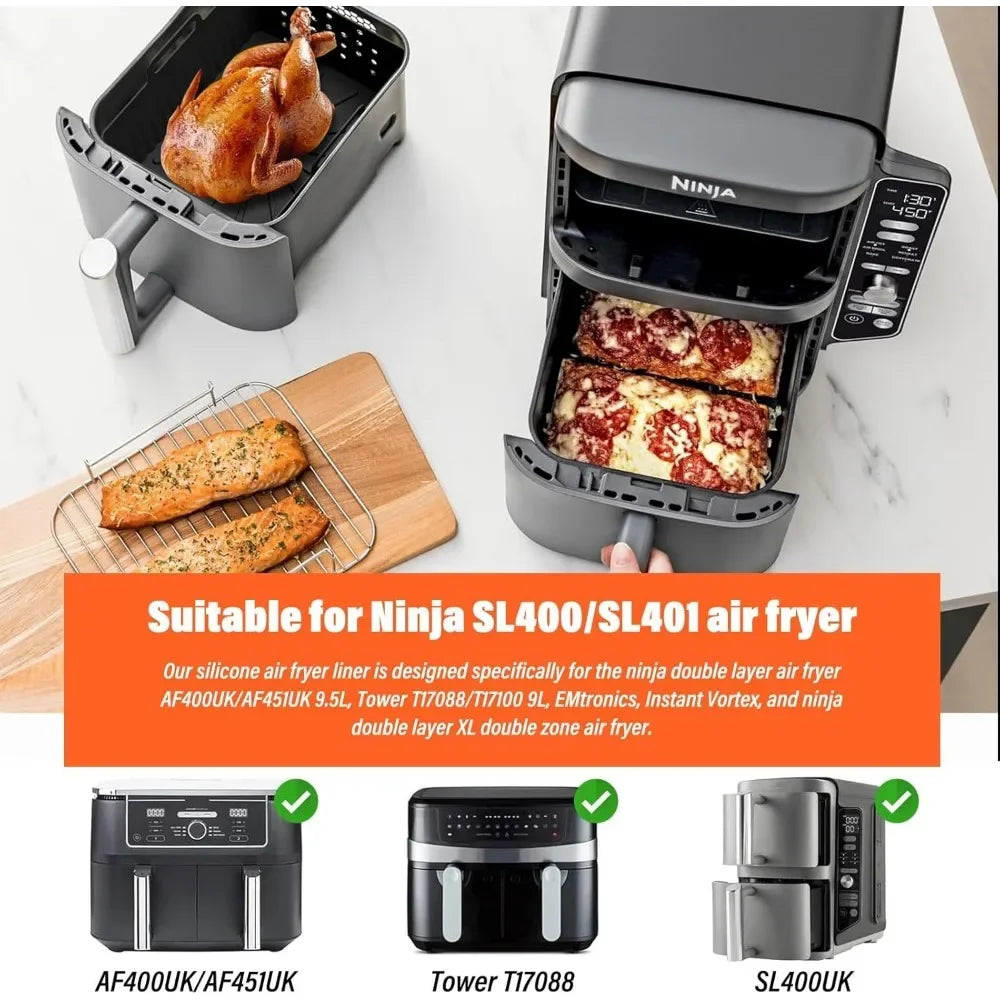 2PCS Air Fryer Silicone Liners Silicone ReusableVentilated Design Homemade Roast Chicken Fries Bread for Ninja SL401/SL400 Tools