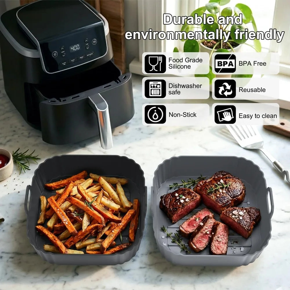 Square Air Fryer Silicone Pot Liner Food‑Grade Reusable Non‑Stick Silicone Basket with Handles for Air Fryer Baking Accessories