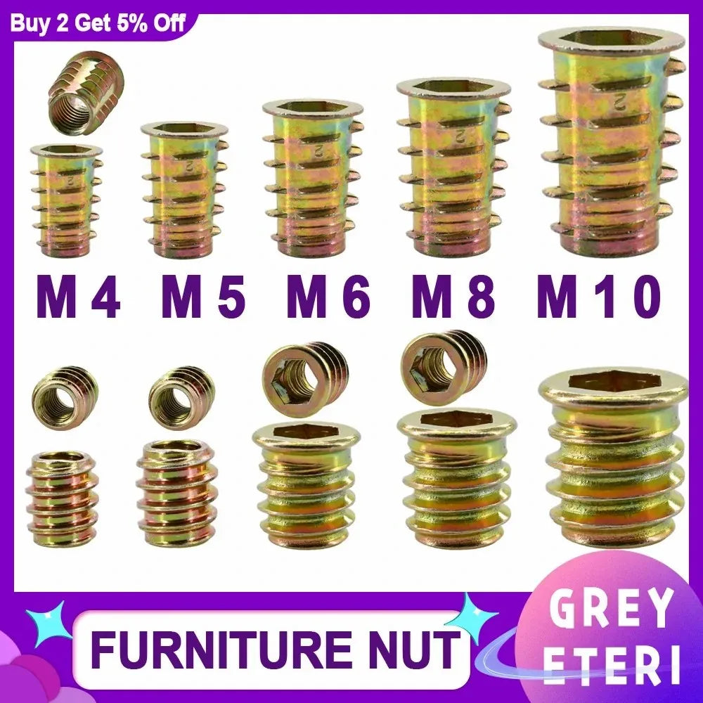 50pcs/100pcs Furniture Nut Zinc Alloy Hex Drive Insert Nuts Hex Drive Head Threaded For Wood Furniture Connector M4 M5 M6 M8 M10