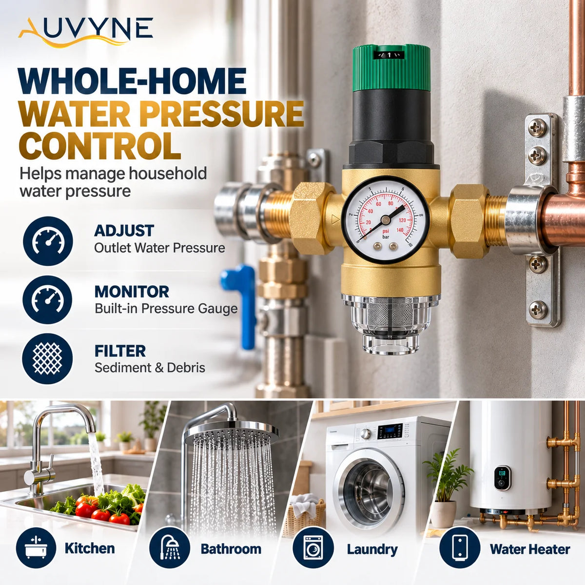AUVYNE 2-in-1 Adjustable Brass Water Pressure Reducing Valve with Gauge and Sediment Filter for Home Plumbing