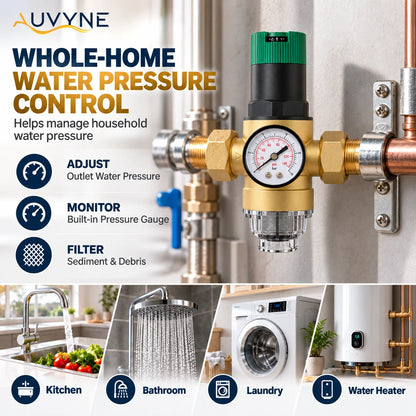AUVYNE 2-in-1 Adjustable Brass Water Pressure Reducing Valve with Gauge and Sediment Filter for Home Plumbing