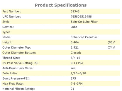 51348 Oil Filter Compatible with Bad Boy Mowers V2 0.747L 747CC 46CID 28 HP Caterpillar LC Diesel Engine John Deere Tractors 317 318