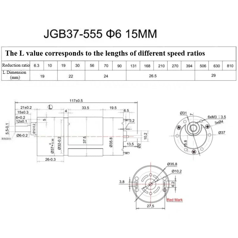 JGB37-555 Micro DC Speed Motor 12V/24V Gear Low Speed Motor Can Reverse Rotation