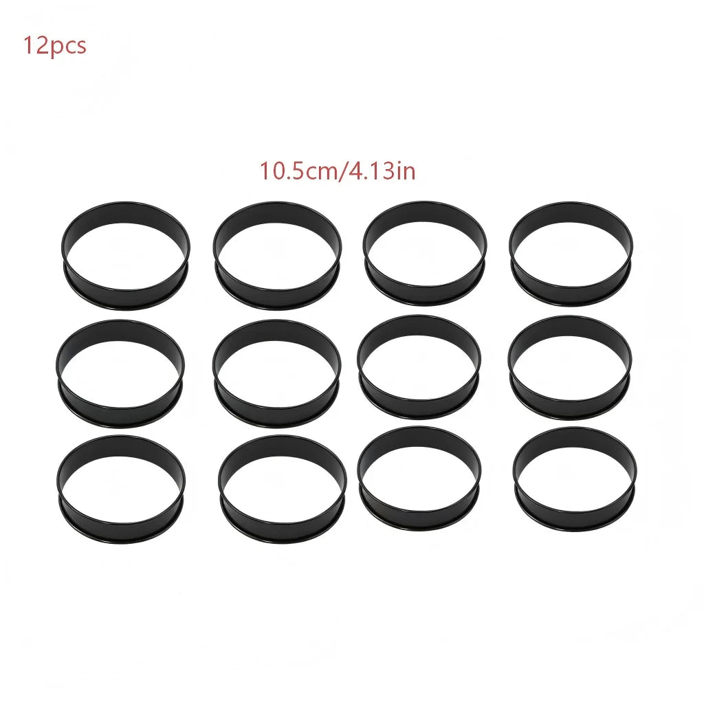 6PCS Tart Crumpet Muffin Ring Set Stainless Steel Nonstick Black Double-Rolled for Pancake Pastry Omelet Home Baking