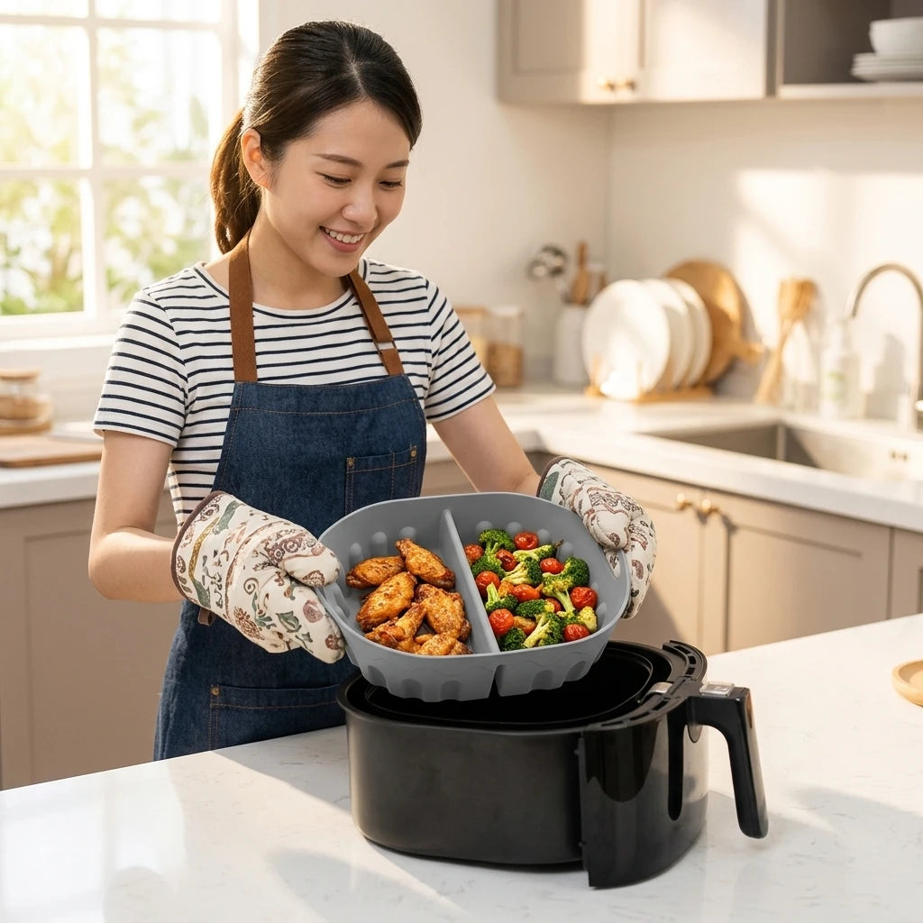 Silicone Baking Tray Divided Air Fryer Pan for Kitchen Cooking Heat Resistant Square Mold Dishwasher Safe