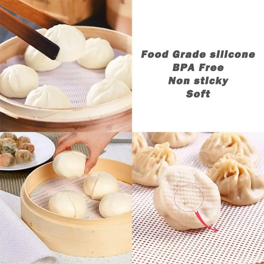 4pcs Silicone Steamer Mat Reusable Round Mesh Liner Non Stick Steaming Pad for Buns Dumplings Dim Sum Baking Pastry Kitchen Use