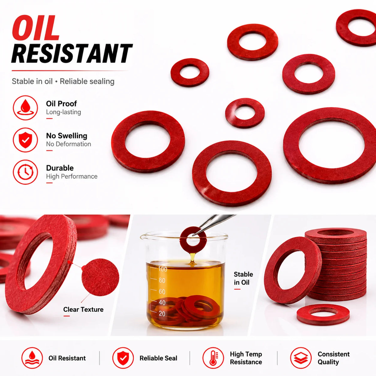 600 Pieces M5.5/6.5/8/10/12/12.5/14/16/17.5/20/24 Red Steel Paper O-ring Repair Box for Automotive Repair and Home Appliances