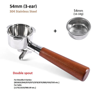 54mm 3-Ear Coffee Portafilter, 304 Stainless Steel Luxury Wooden Handle Espresso Holder Compatible with Breville 820 880 Series & Solis