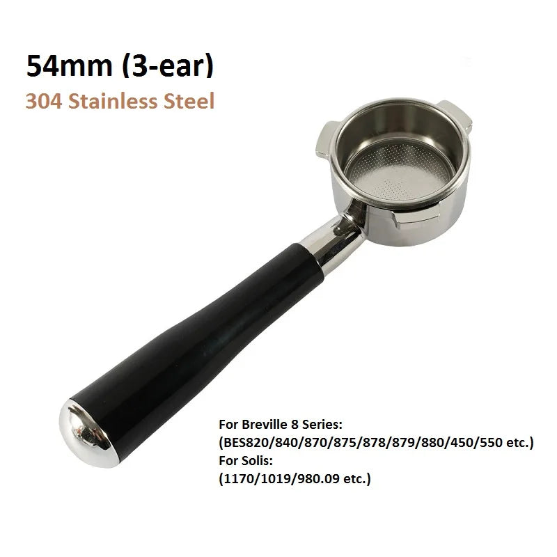 54mm 3-Ear Coffee Portafilter, 304 Stainless Steel Luxury Wooden Handle Espresso Holder Compatible with Breville 820 880 Series & Solis