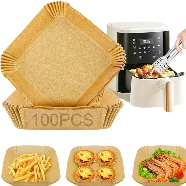 50/100PCS Air Fryer Bakeware Disposable Paper Tray Non-Stick Mat Baked Silicone Paper Square Round Air Fryer Accessories