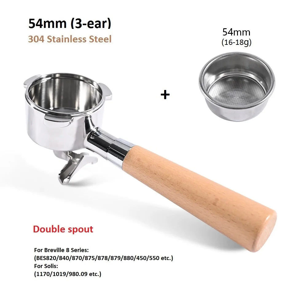 54mm 3-Ear Coffee Portafilter, 304 Stainless Steel Luxury Wooden Handle Espresso Holder Compatible with Breville 820 880 Series & Solis