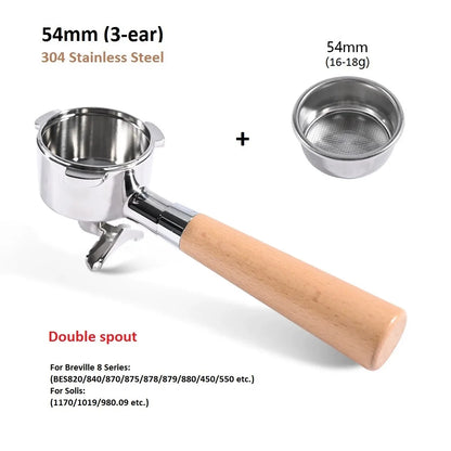 54mm 3-Ear Coffee Portafilter, 304 Stainless Steel Luxury Wooden Handle Espresso Holder Compatible with Breville 820 880 Series & Solis