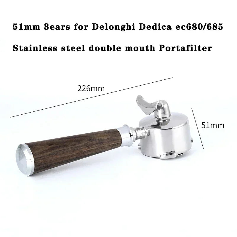 51mm 3 Ears Coffee Portafilter for Delonghi Dedica Ec680/685 Coffee Machine Stainless Steel Double Spout Coffee Handle Utensil